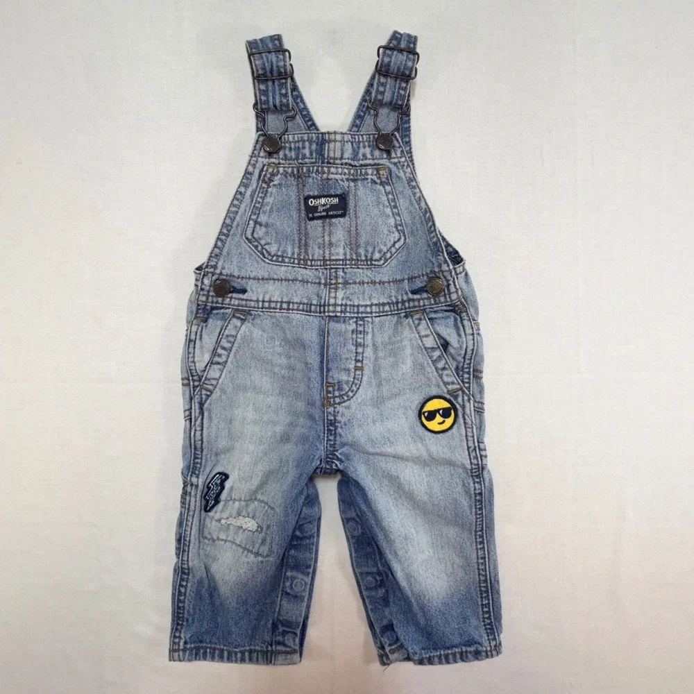 OshKosh Bgosh Baby Boys Blue Denim Overalls Emoji Lightning Bolt Patches 6-9M